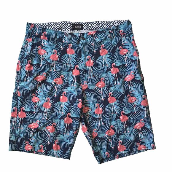 Trunks Swim Hybrd Shorts Mens Size 34 Flamingos Blue Pink Pockets Multi-Function - Picture 1 of 12